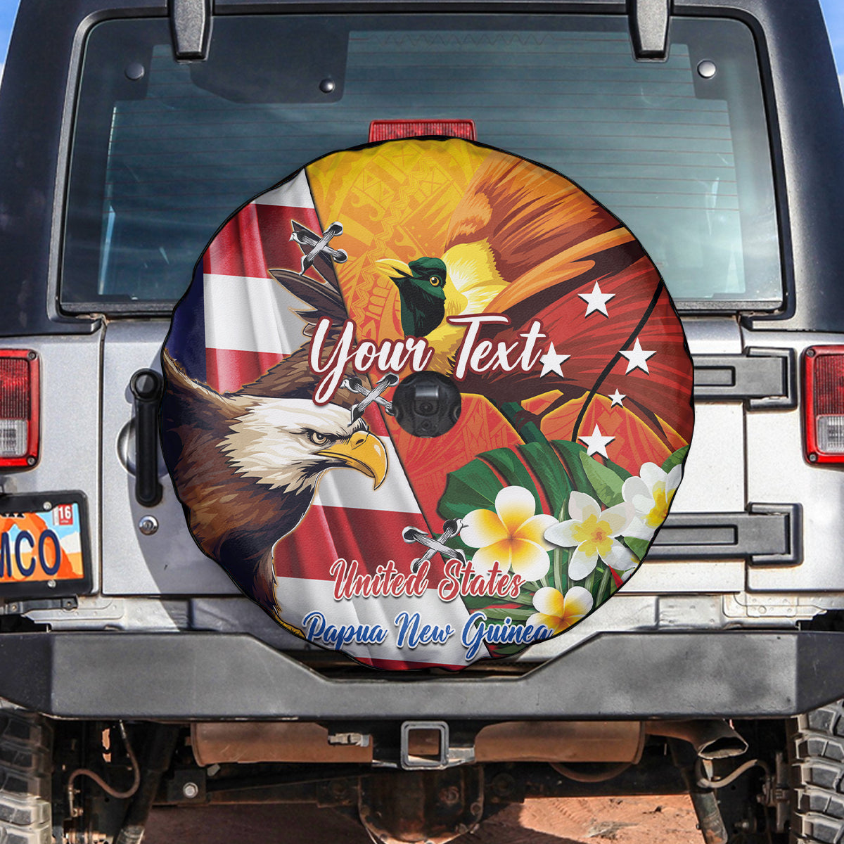 Personalised United States And Papua New Guinea Spare Tire Cover USA Eagle With PNG Bird Of Paradise LT14 Red - Polynesian Pride
