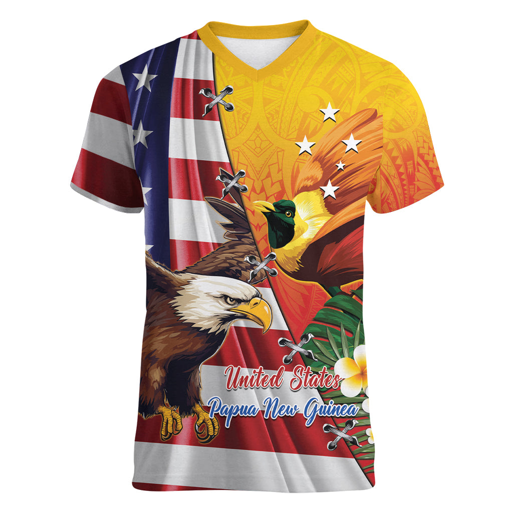 Personalised United States And Papua New Guinea Women V Neck T Shirt USA Eagle With PNG Bird Of Paradise