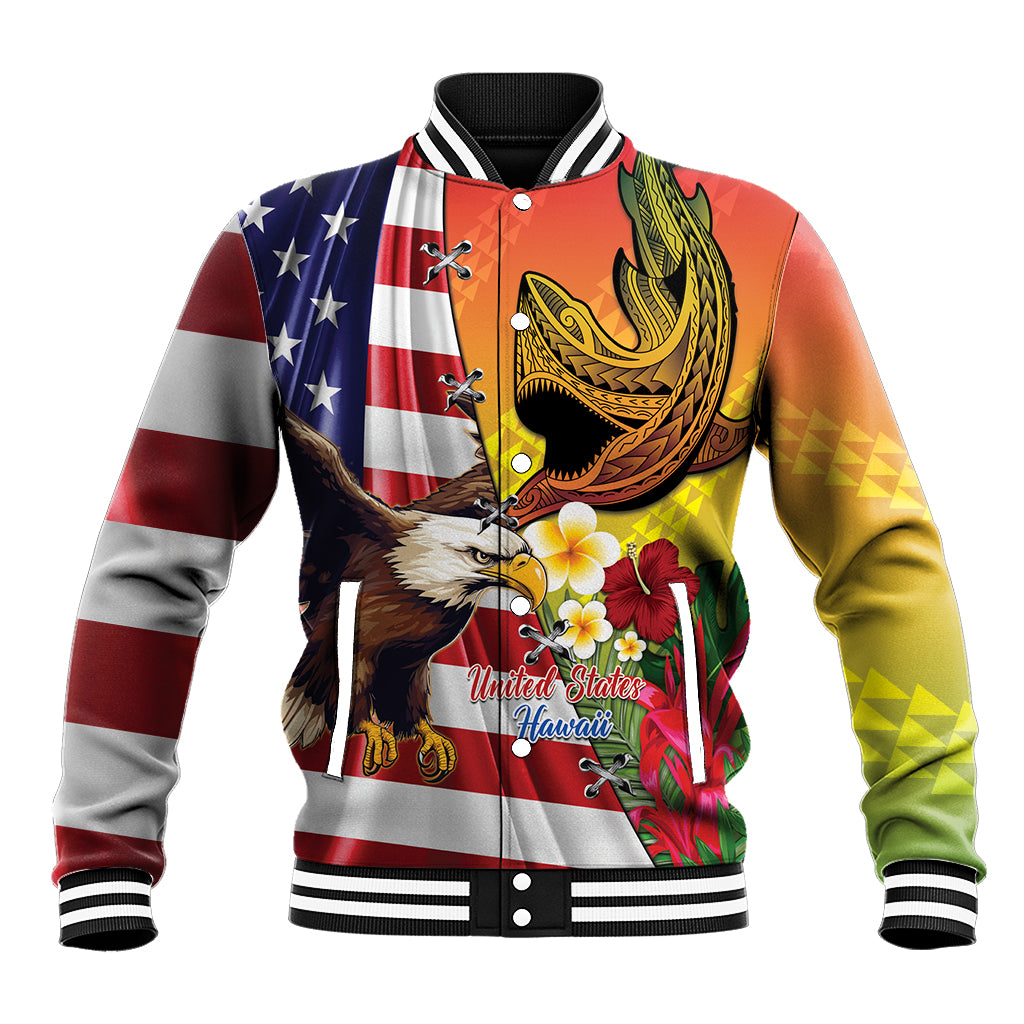Personalised United States And Hawaii Baseball Jacket USA Eagle With Hawaiian Shark Tattoo LT14 Unisex Red - Polynesian Pride