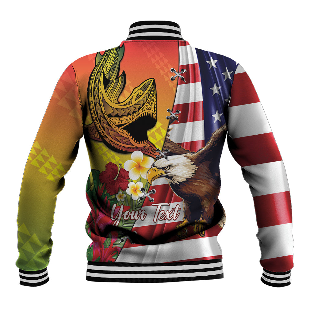 Personalised United States And Hawaii Baseball Jacket USA Eagle With Hawaiian Shark Tattoo LT14 - Polynesian Pride