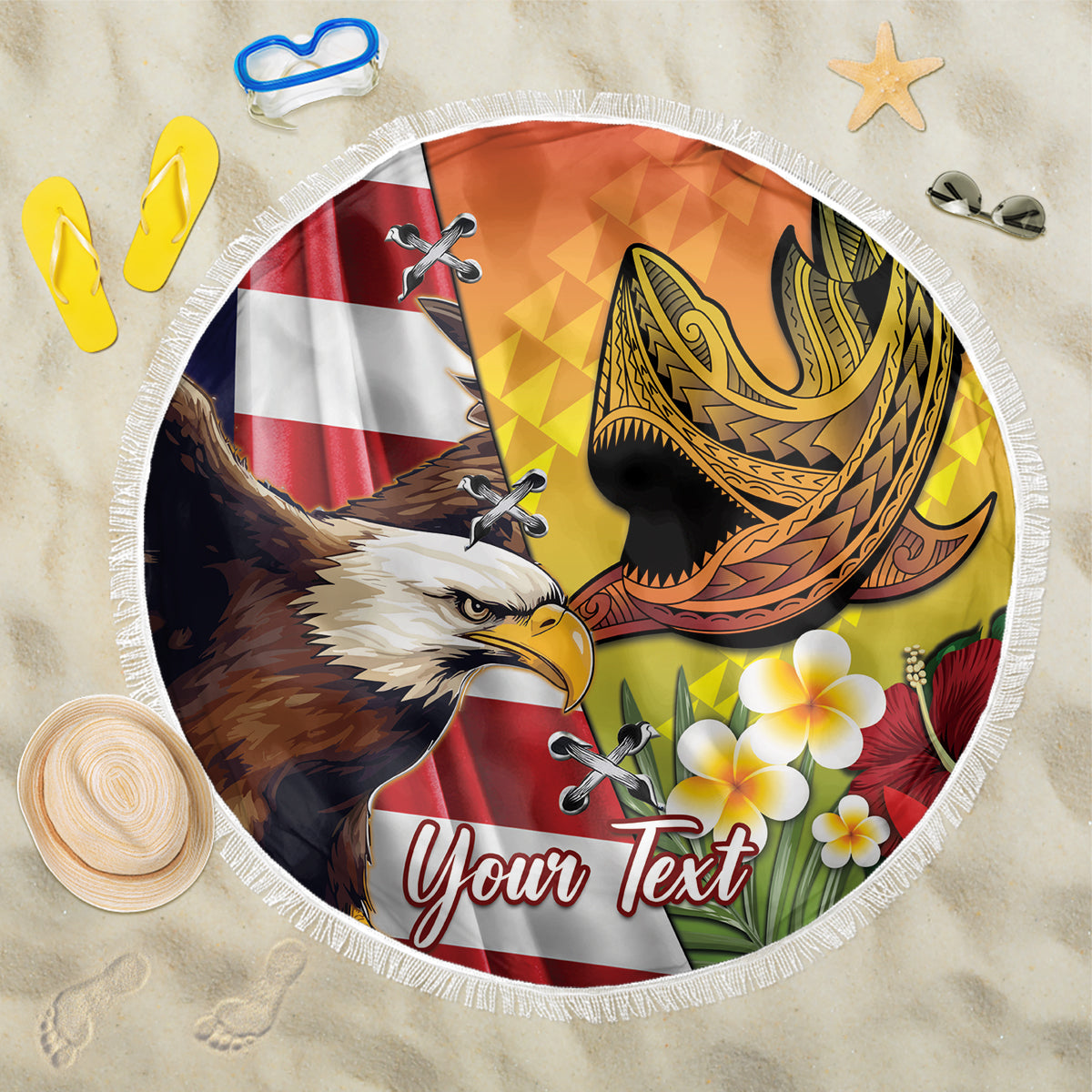 Personalised United States And Hawaii Beach Blanket USA Eagle With Hawaiian Shark Tattoo LT14 One Size 150cm Red - Polynesian Pride