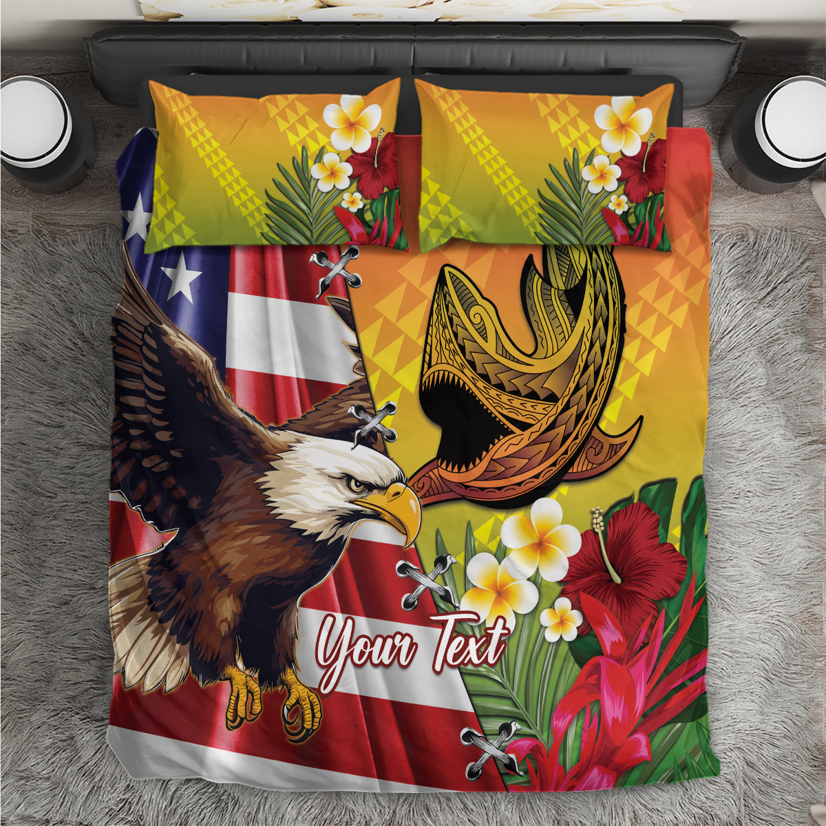 Personalised United States And Hawaii Bedding Set USA Eagle With Hawaiian Shark Tattoo