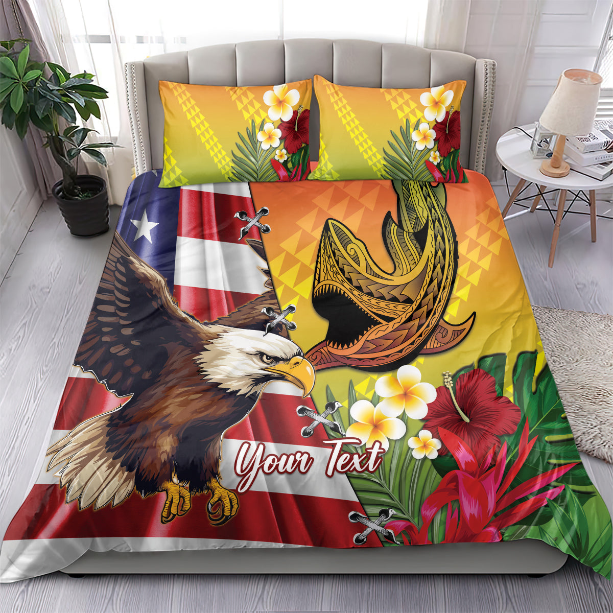 Personalised United States And Hawaii Bedding Set USA Eagle With Hawaiian Shark Tattoo LT14 - Polynesian Pride
