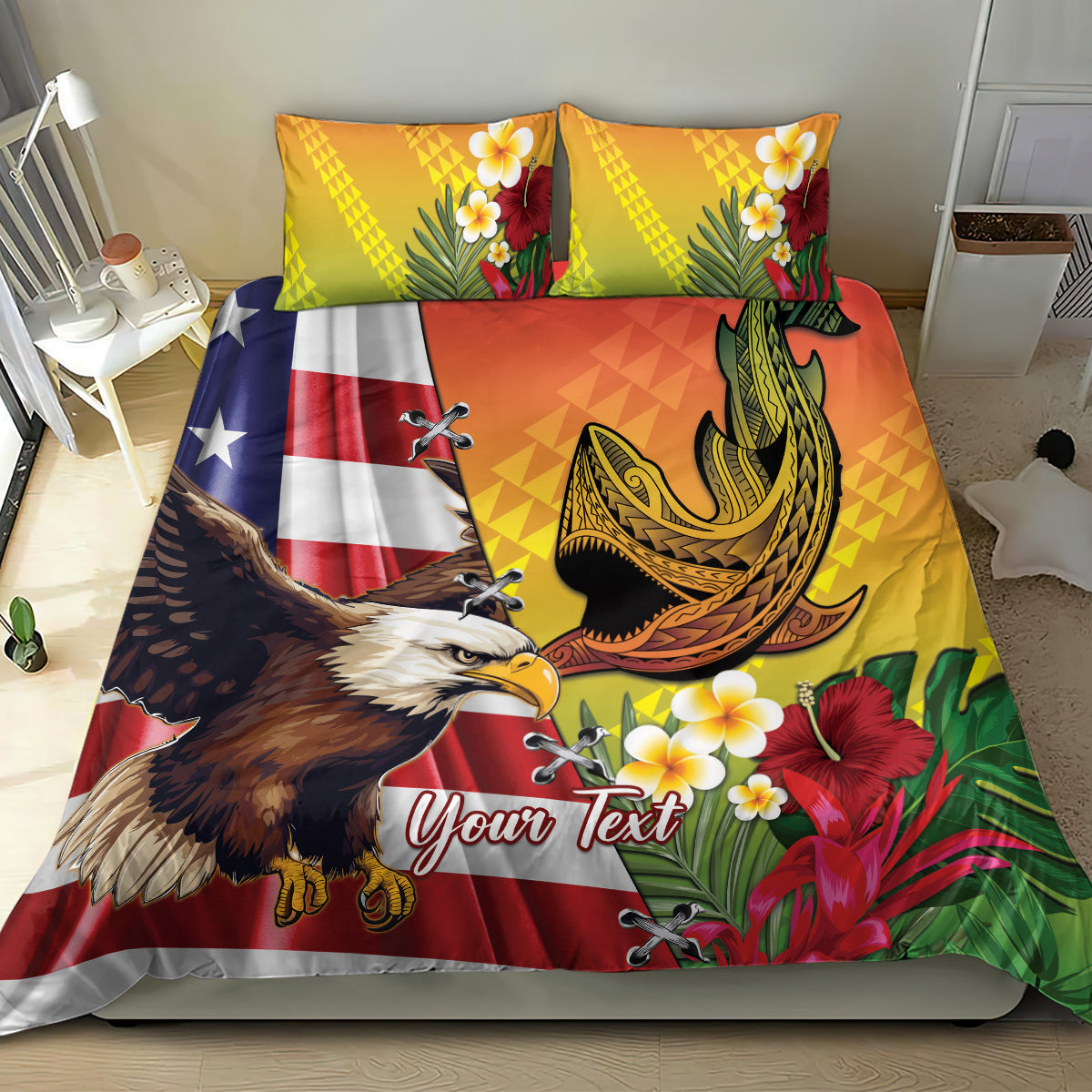 Personalised United States And Hawaii Bedding Set USA Eagle With Hawaiian Shark Tattoo LT14 - Polynesian Pride