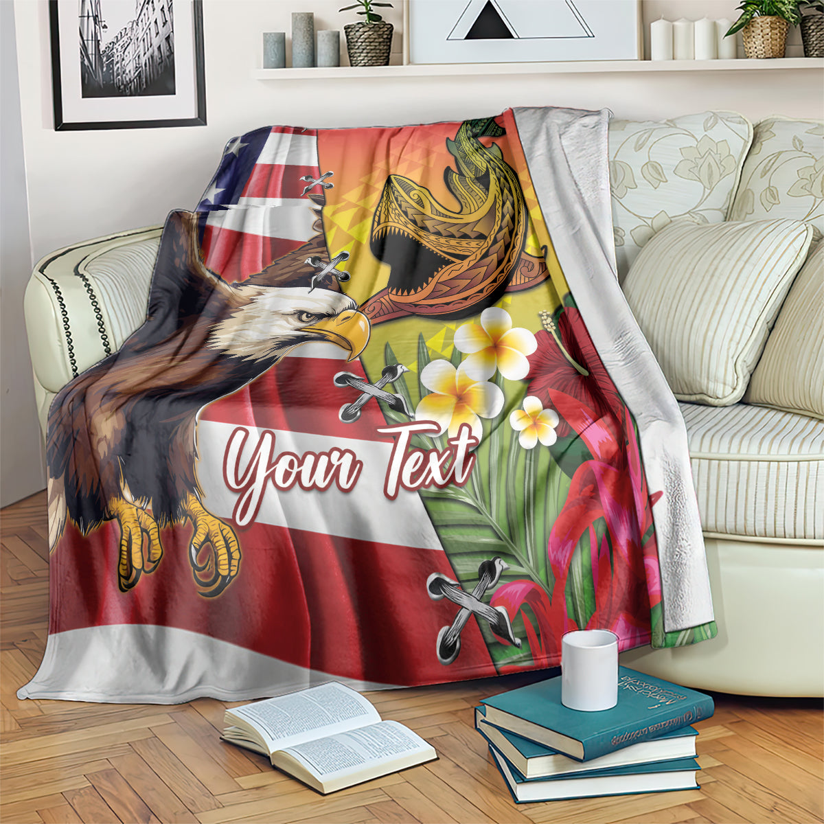 Personalised United States And Hawaii Blanket USA Eagle With Hawaiian Shark Tattoo LT14 Red - Polynesian Pride
