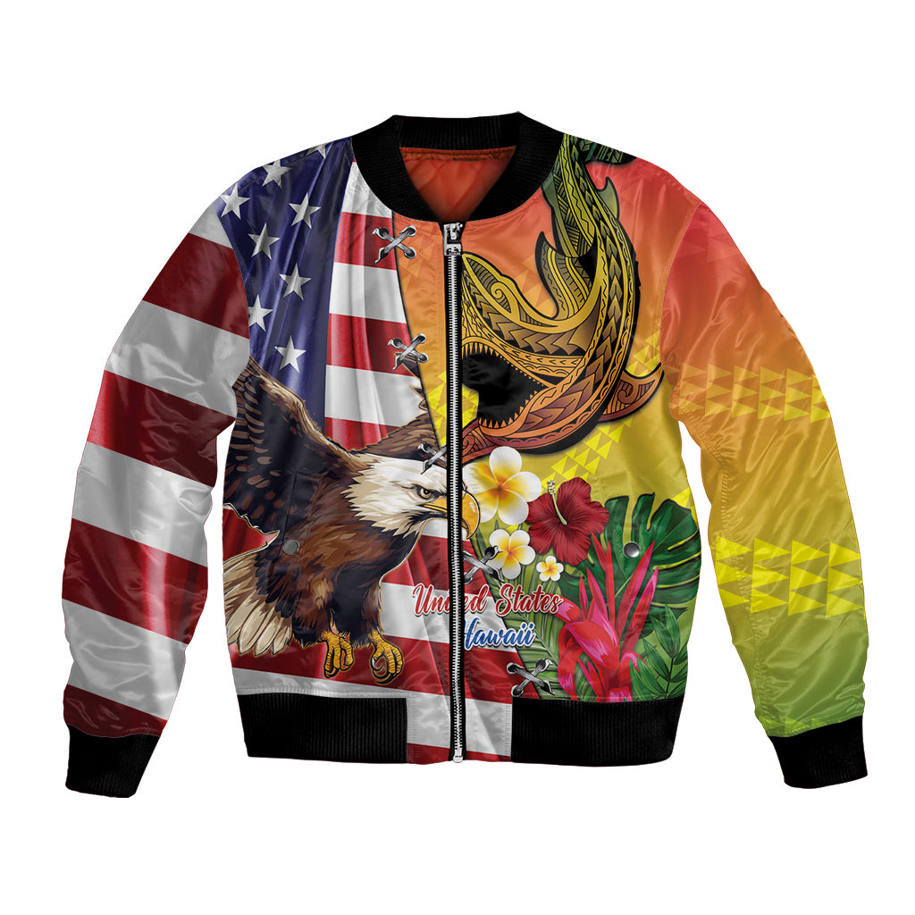 Personalised United States And Hawaii Bomber Jacket USA Eagle With Hawaiian Shark Tattoo LT14 Unisex Red - Polynesian Pride