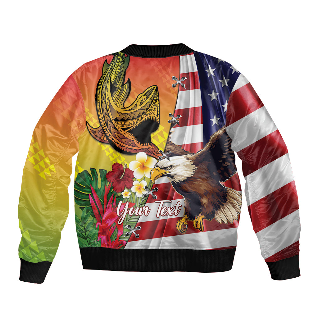 Personalised United States And Hawaii Bomber Jacket USA Eagle With Hawaiian Shark Tattoo LT14 - Polynesian Pride