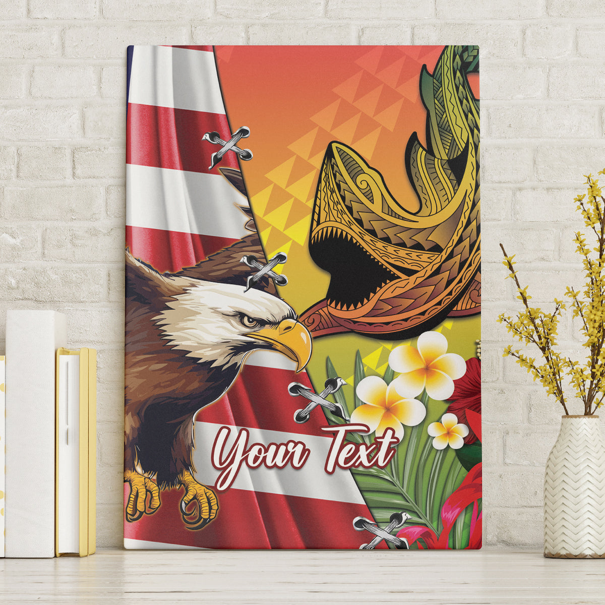 Personalised United States And Hawaii Canvas Wall Art USA Eagle With Hawaiian Shark Tattoo LT14 Without Frame Red - Polynesian Pride