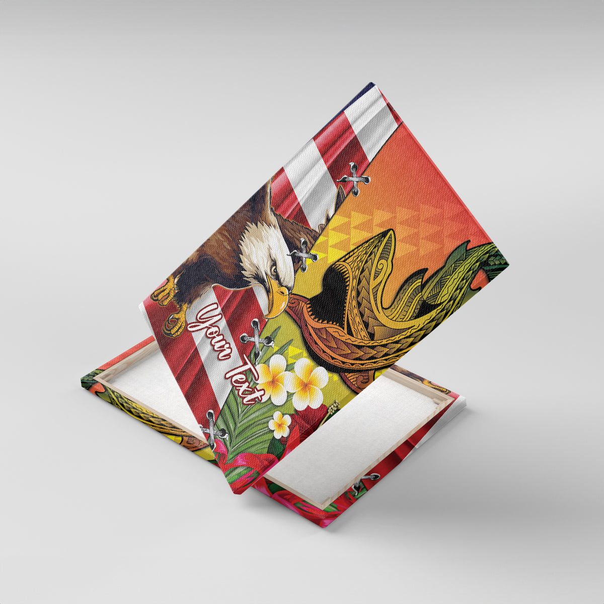 Personalised United States And Hawaii Canvas Wall Art USA Eagle With Hawaiian Shark Tattoo LT14 With Frame Red - Polynesian Pride