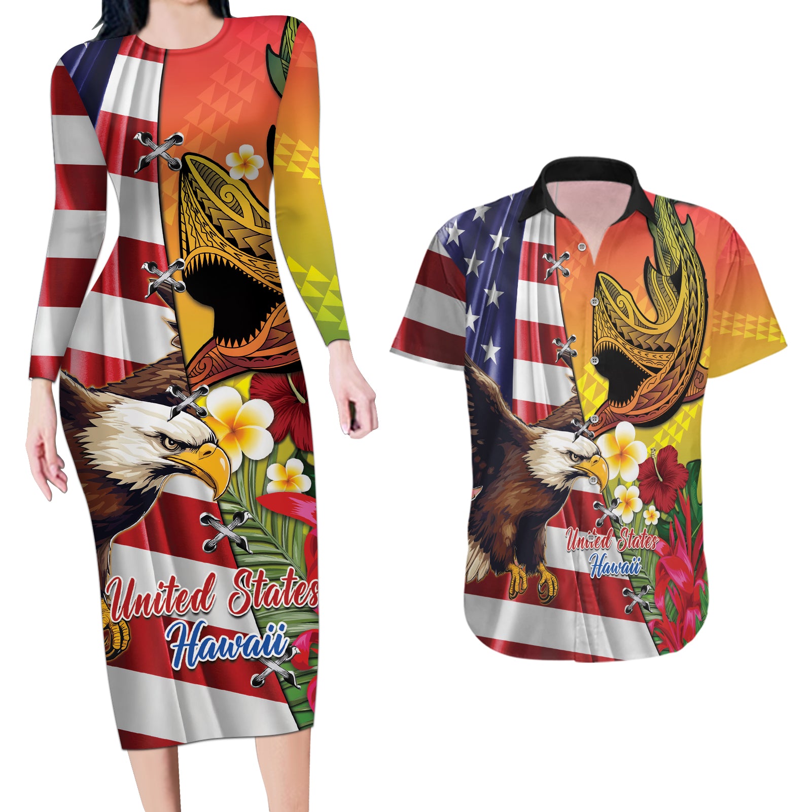 Personalised United States And Hawaii Couples Matching Long Sleeve Bodycon Dress and Hawaiian Shirt USA Eagle With Hawaiian Shark Tattoo