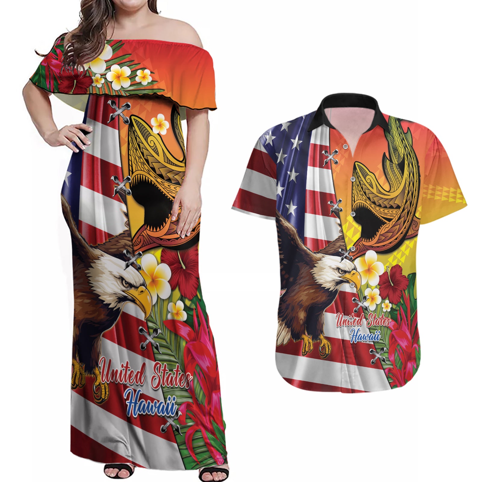 Personalised United States And Hawaii Couples Matching Off Shoulder Maxi Dress and Hawaiian Shirt USA Eagle With Hawaiian Shark Tattoo