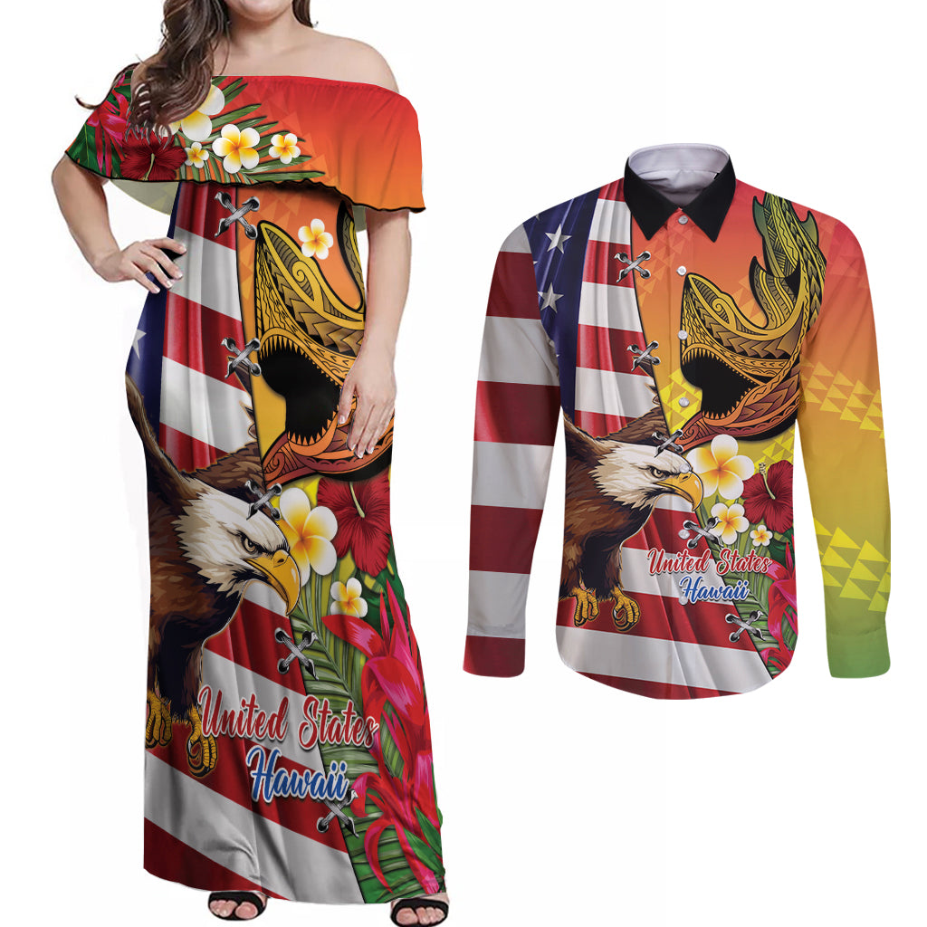 Personalised United States And Hawaii Couples Matching Off Shoulder Maxi Dress and Long Sleeve Button Shirt USA Eagle With Hawaiian Shark Tattoo LT14 Red - Polynesian Pride