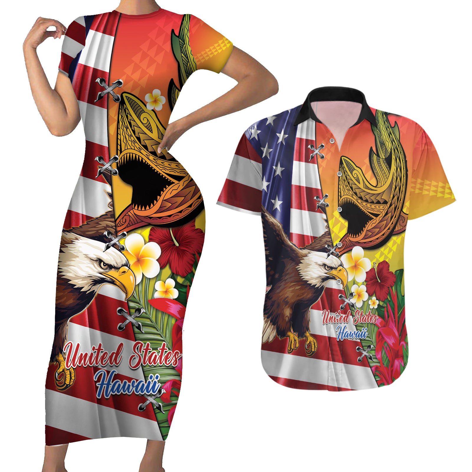 Personalised United States And Hawaii Couples Matching Short Sleeve Bodycon Dress and Hawaiian Shirt USA Eagle With Hawaiian Shark Tattoo