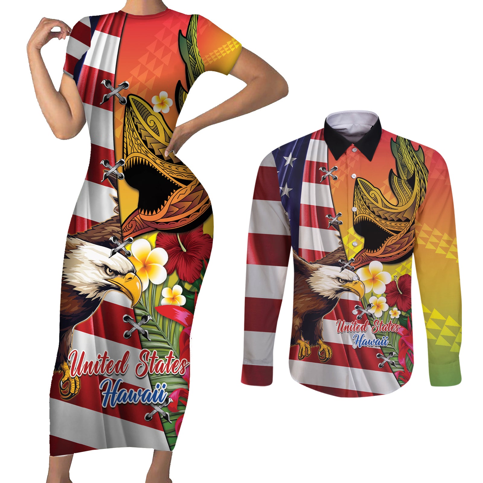 Personalised United States And Hawaii Couples Matching Short Sleeve Bodycon Dress and Long Sleeve Button Shirt USA Eagle With Hawaiian Shark Tattoo LT14 Red - Polynesian Pride