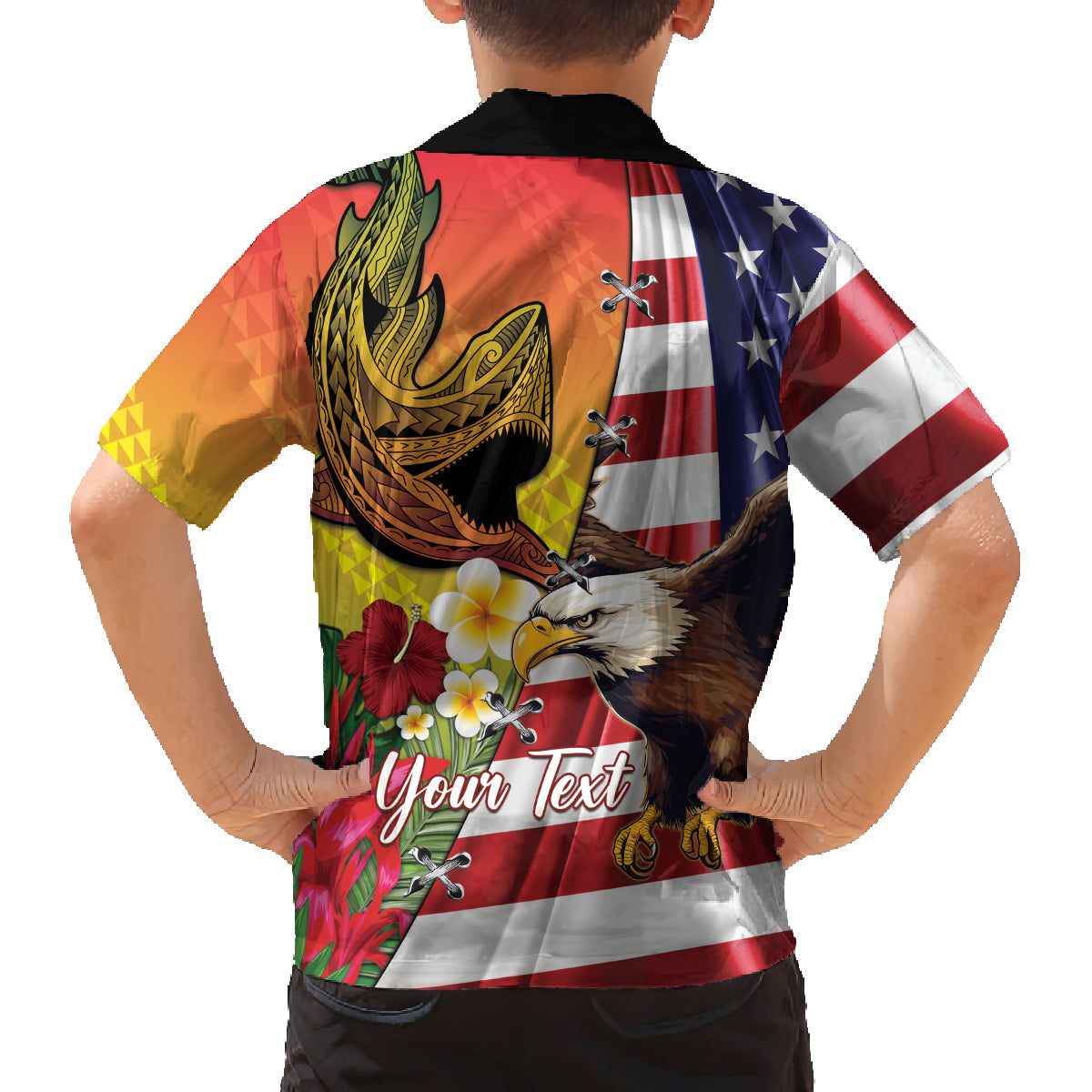 Personalised United States And Hawaii Family Matching Long Sleeve Bodycon Dress and Hawaiian Shirt USA Eagle With Hawaiian Shark Tattoo