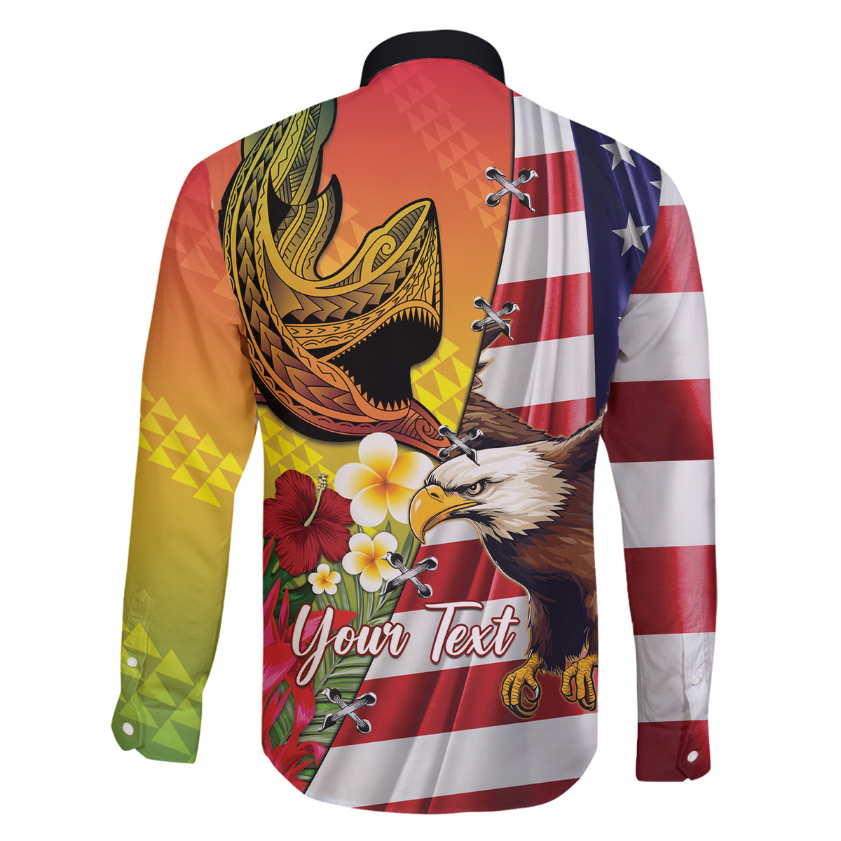 Personalised United States And Hawaii Family Matching Long Sleeve Bodycon Dress and Hawaiian Shirt USA Eagle With Hawaiian Shark Tattoo