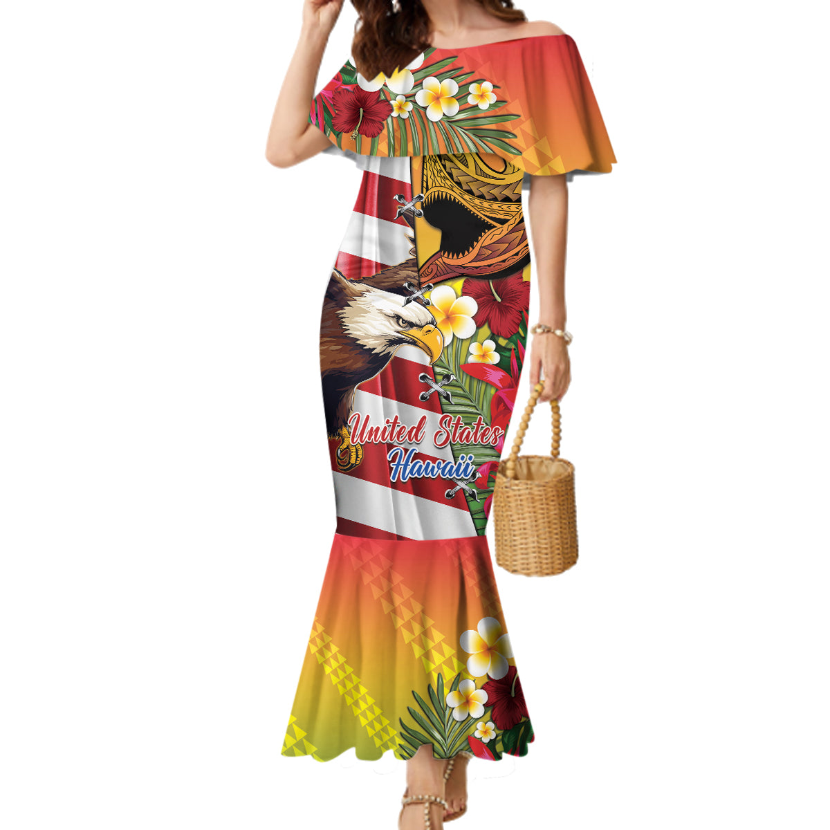 Personalised United States And Hawaii Family Matching Mermaid Dress and Hawaiian Shirt USA Eagle With Hawaiian Shark Tattoo