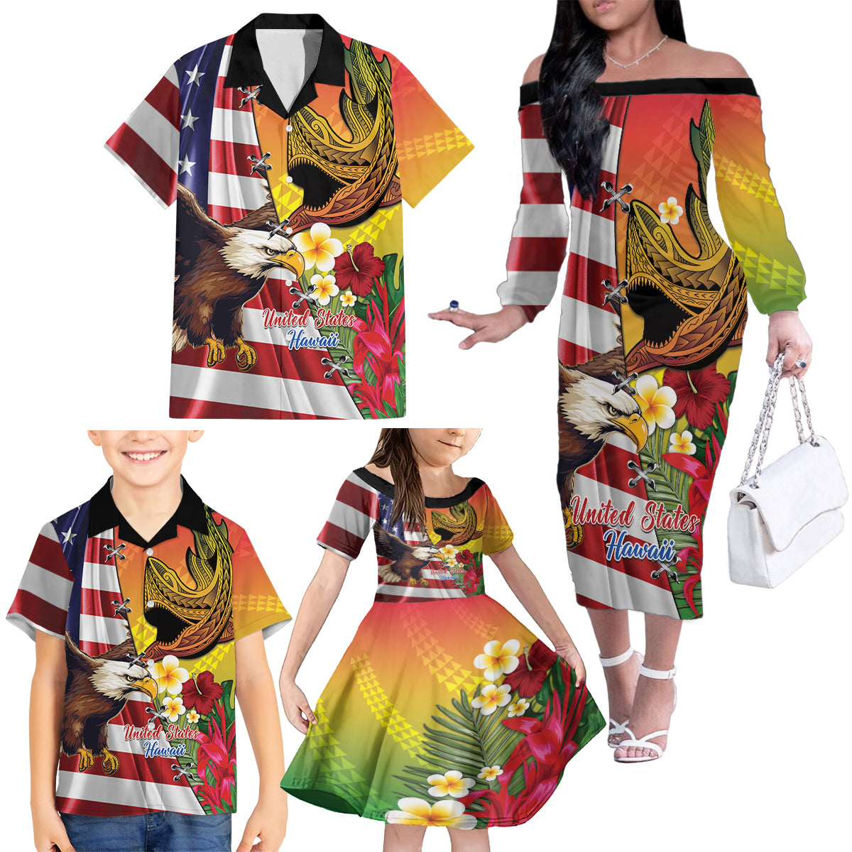 Personalised United States And Hawaii Family Matching Off The Shoulder Long Sleeve Dress and Hawaiian Shirt USA Eagle With Hawaiian Shark Tattoo