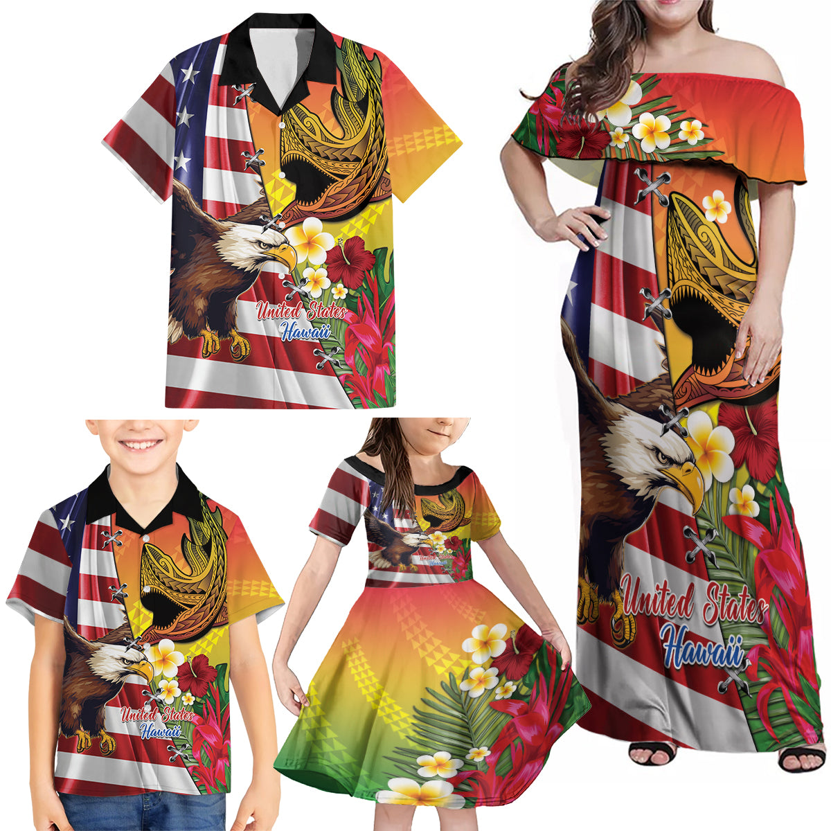 Personalised United States And Hawaii Family Matching Off Shoulder Maxi Dress and Hawaiian Shirt USA Eagle With Hawaiian Shark Tattoo LT14 - Polynesian Pride