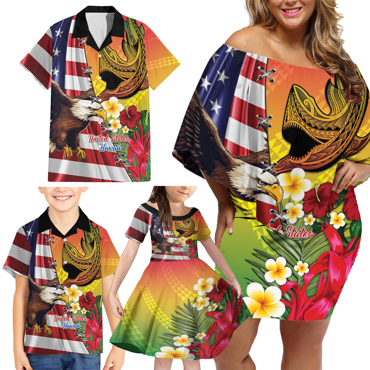 Personalised United States And Hawaii Family Matching Off Shoulder Short Dress and Hawaiian Shirt USA Eagle With Hawaiian Shark Tattoo