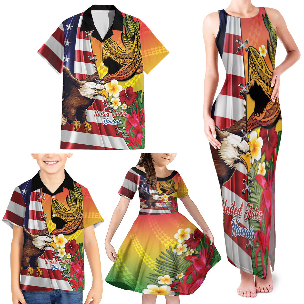 Personalised United States And Hawaii Family Matching Tank Maxi Dress and Hawaiian Shirt USA Eagle With Hawaiian Shark Tattoo