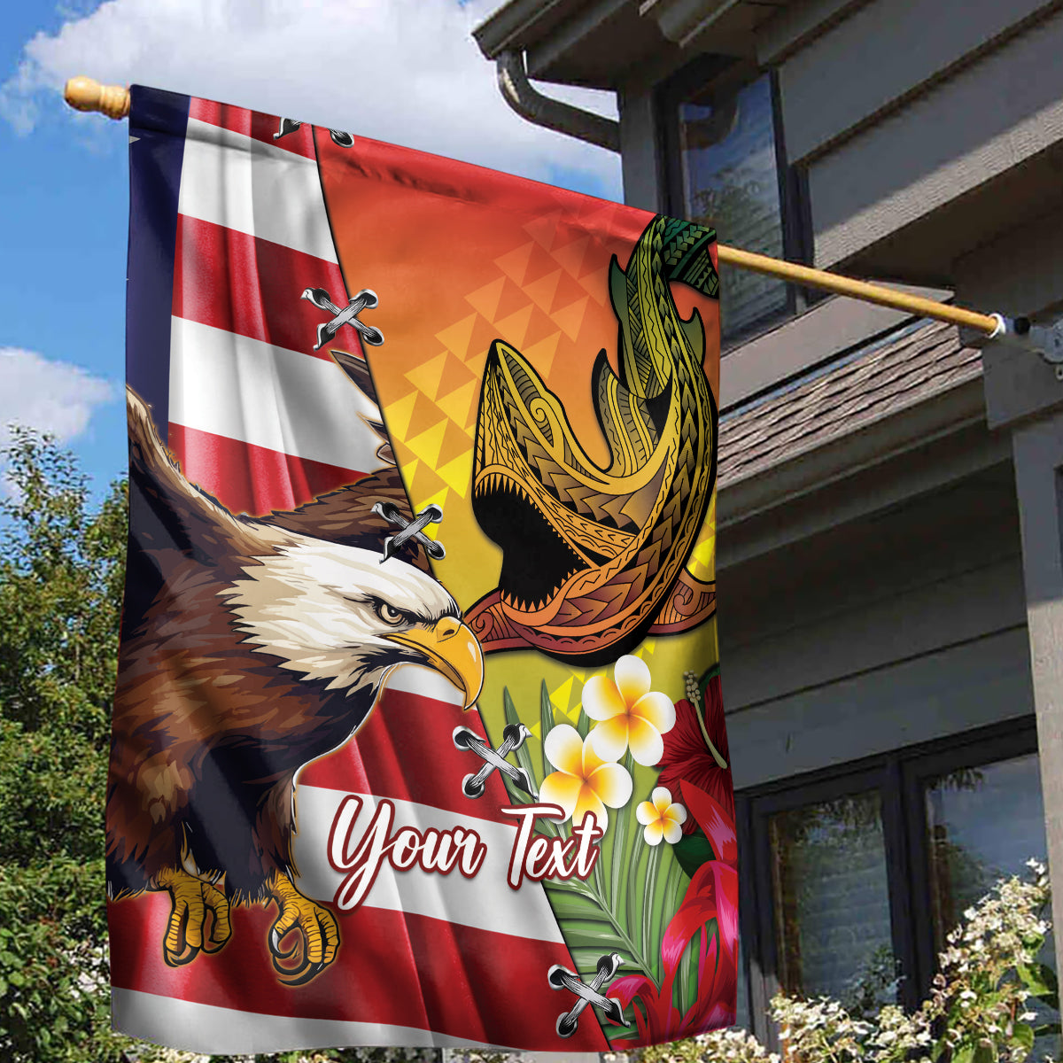 Personalised United States And Hawaii Garden Flag USA Eagle With Hawaiian Shark Tattoo LT14 - Polynesian Pride