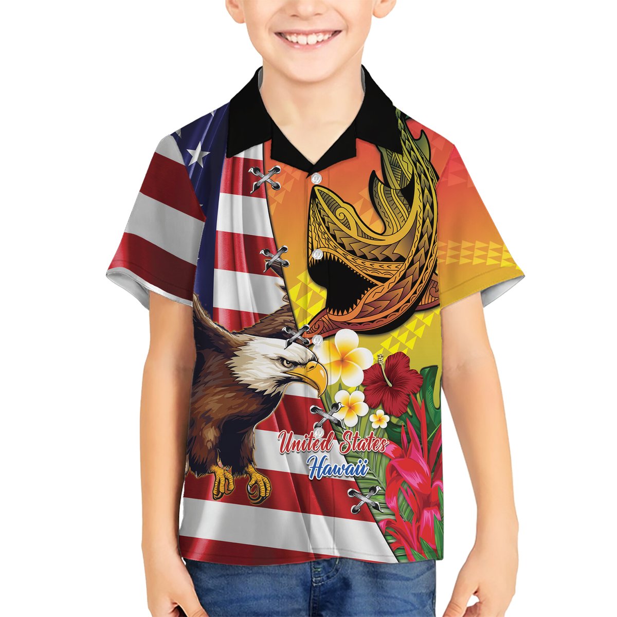 Personalised United States And Hawaii Hawaiian Shirt USA Eagle With Hawaiian Shark Tattoo LT14 - Polynesian Pride