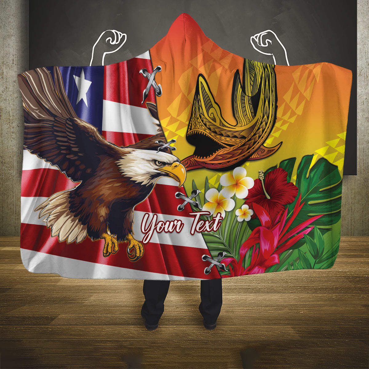 Personalised United States And Hawaii Hooded Blanket USA Eagle With Hawaiian Shark Tattoo LT14 One Size Red - Polynesian Pride