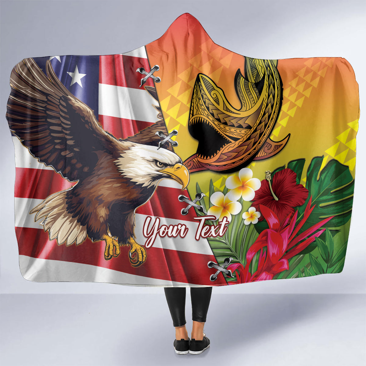 Personalised United States And Hawaii Hooded Blanket USA Eagle With Hawaiian Shark Tattoo LT14 - Polynesian Pride