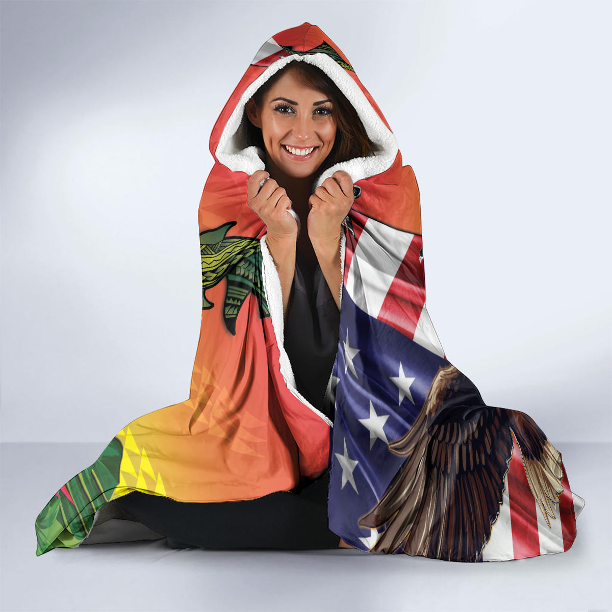 Personalised United States And Hawaii Hooded Blanket USA Eagle With Hawaiian Shark Tattoo LT14 - Polynesian Pride