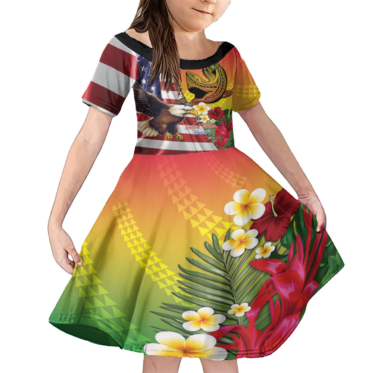 Personalised United States And Hawaii Kid Short Sleeve Dress USA Eagle With Hawaiian Shark Tattoo LT14 KID Red - Polynesian Pride