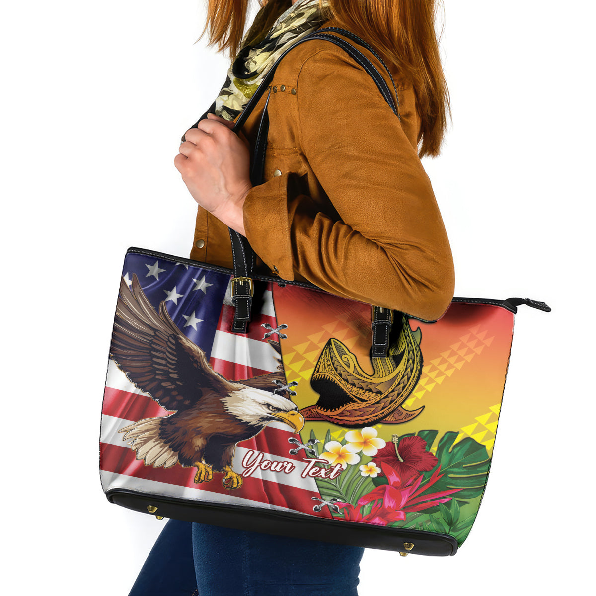 Personalised United States And Hawaii Leather Tote Bag USA Eagle With Hawaiian Shark Tattoo LT14 Red - Polynesian Pride