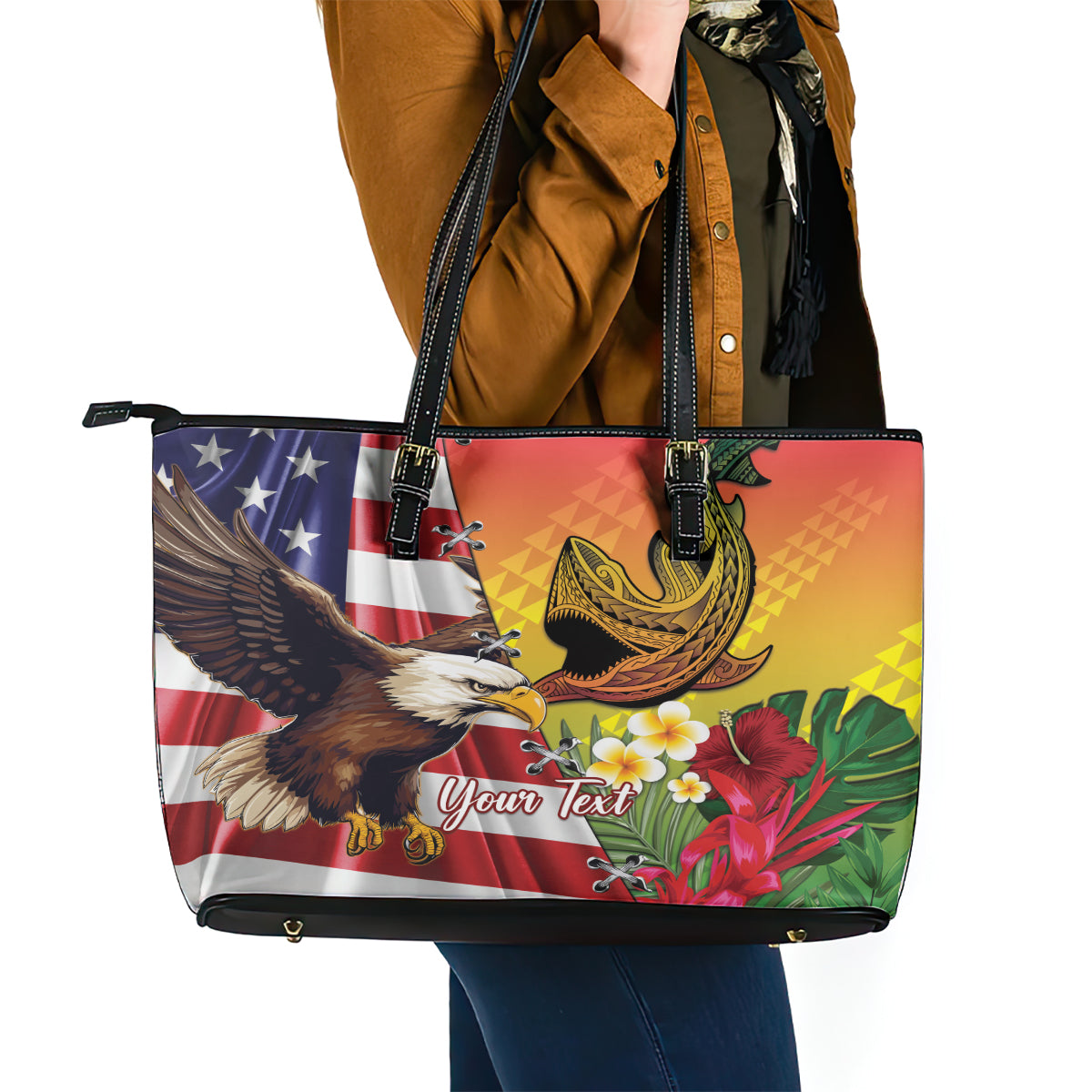 Personalised United States And Hawaii Leather Tote Bag USA Eagle With Hawaiian Shark Tattoo LT14 - Polynesian Pride