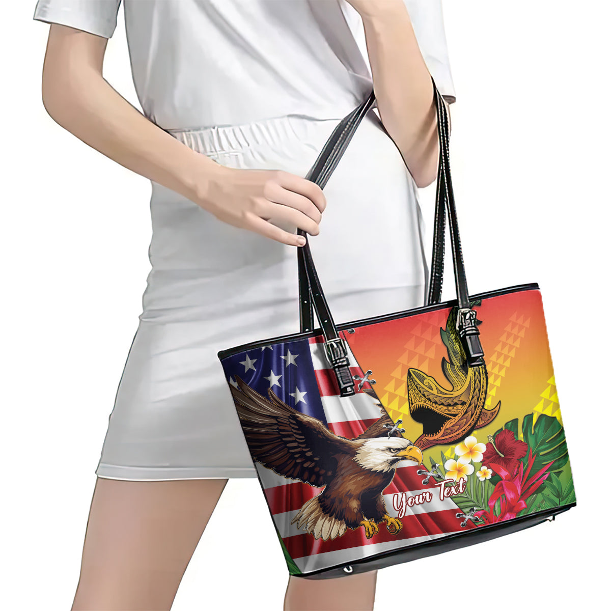 Personalised United States And Hawaii Leather Tote Bag USA Eagle With Hawaiian Shark Tattoo LT14 - Polynesian Pride