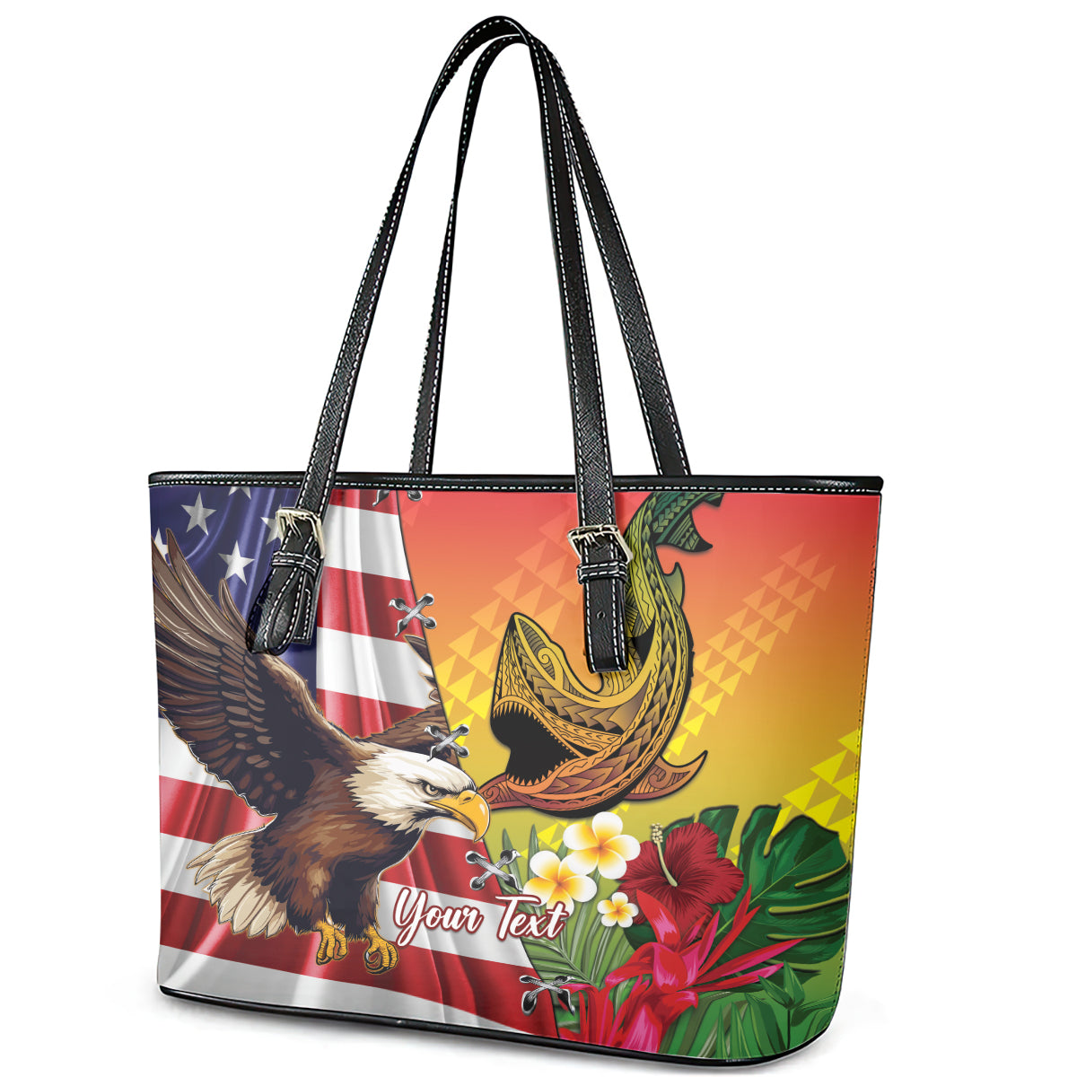 Personalised United States And Hawaii Leather Tote Bag USA Eagle With Hawaiian Shark Tattoo LT14 - Polynesian Pride