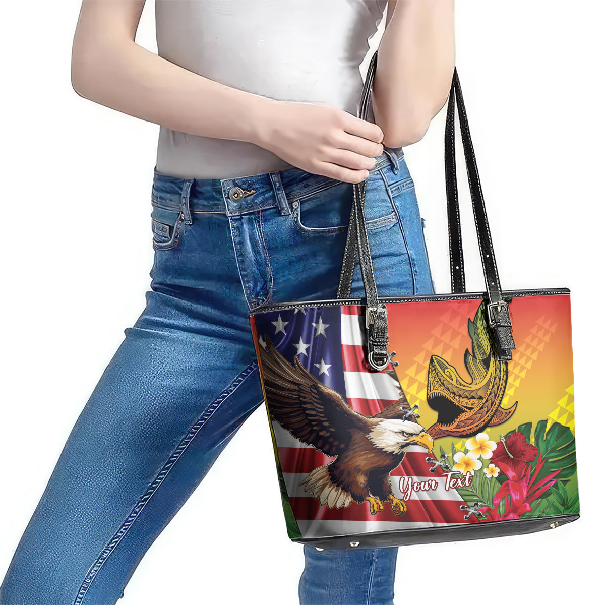 Personalised United States And Hawaii Leather Tote Bag USA Eagle With Hawaiian Shark Tattoo LT14 - Polynesian Pride