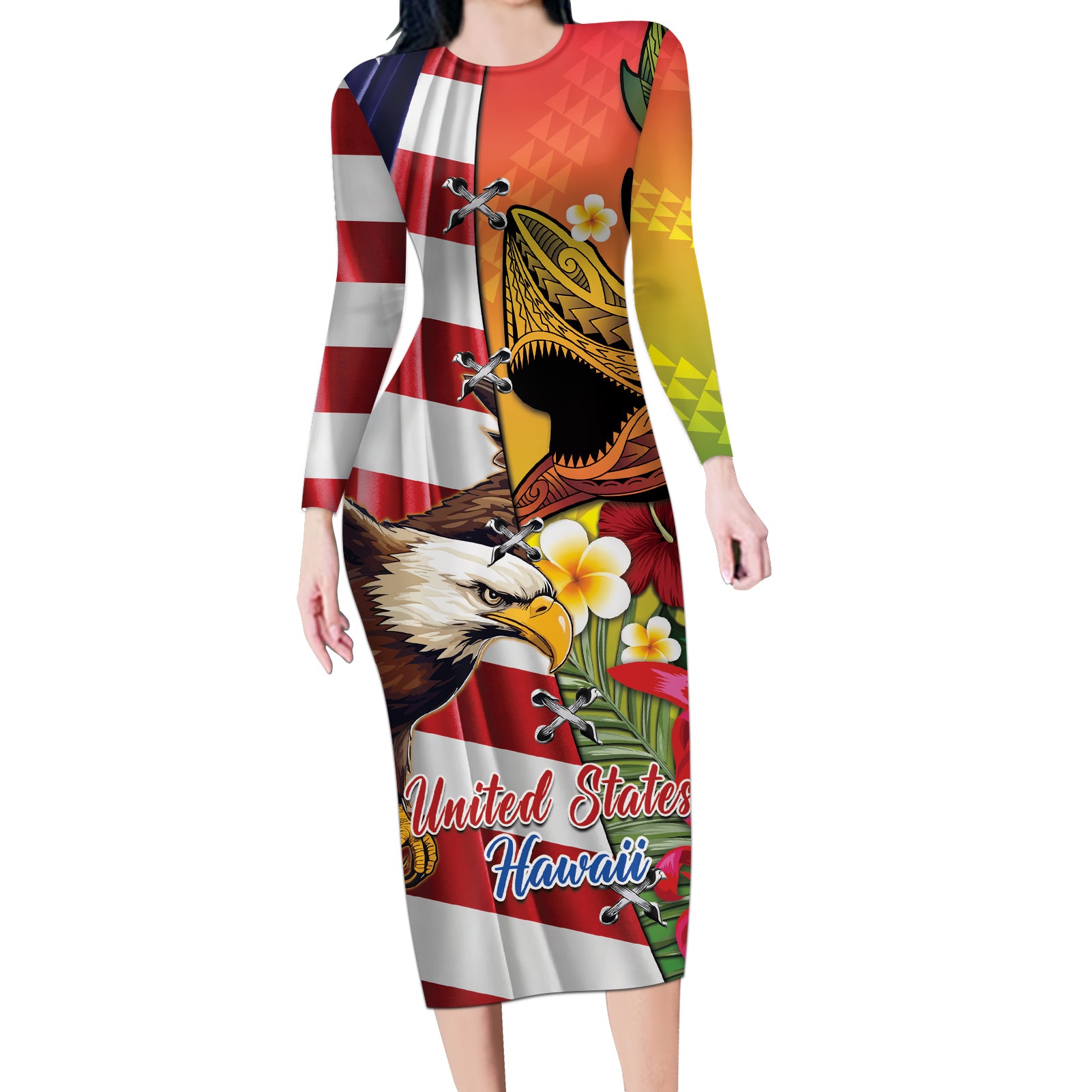 Personalised United States And Hawaii Long Sleeve Bodycon Dress USA Eagle With Hawaiian Shark Tattoo