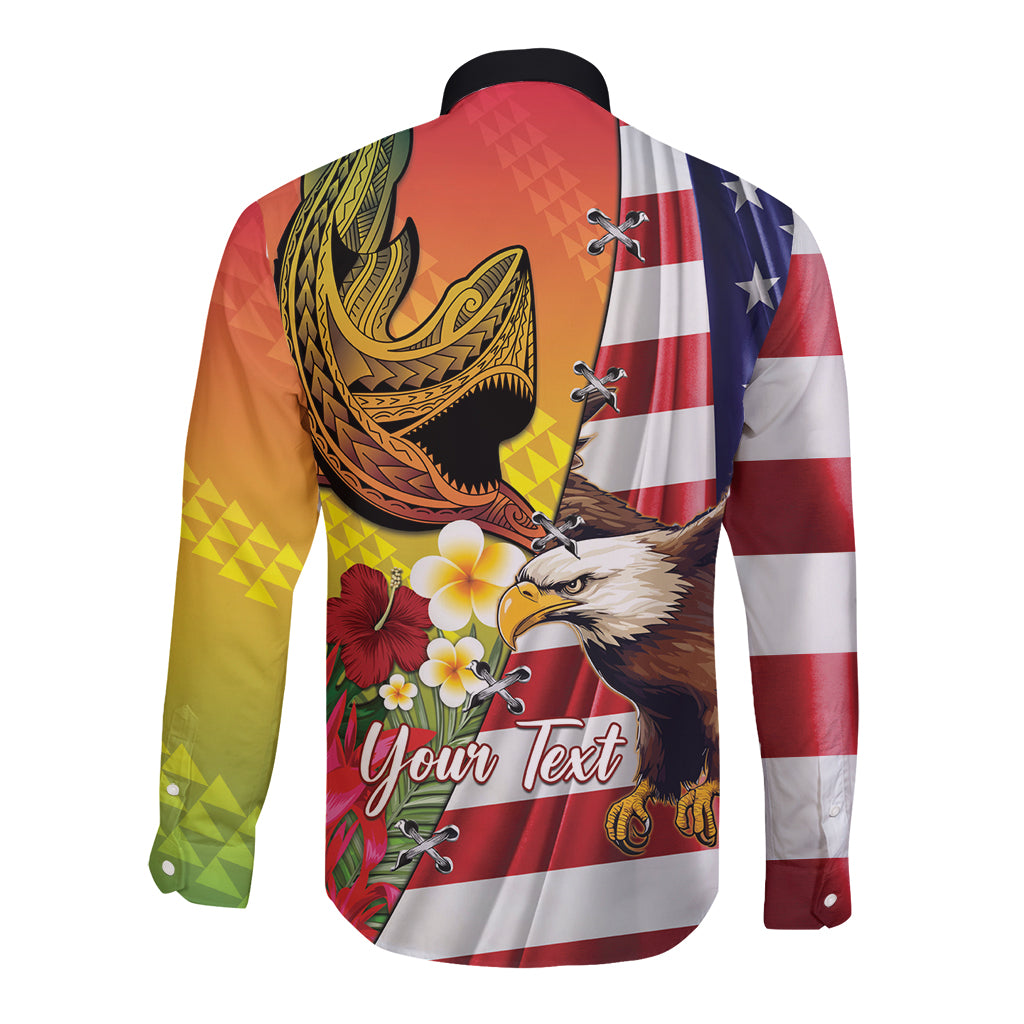 Personalised United States And Hawaii Long Sleeve Button Shirt USA Eagle With Hawaiian Shark Tattoo