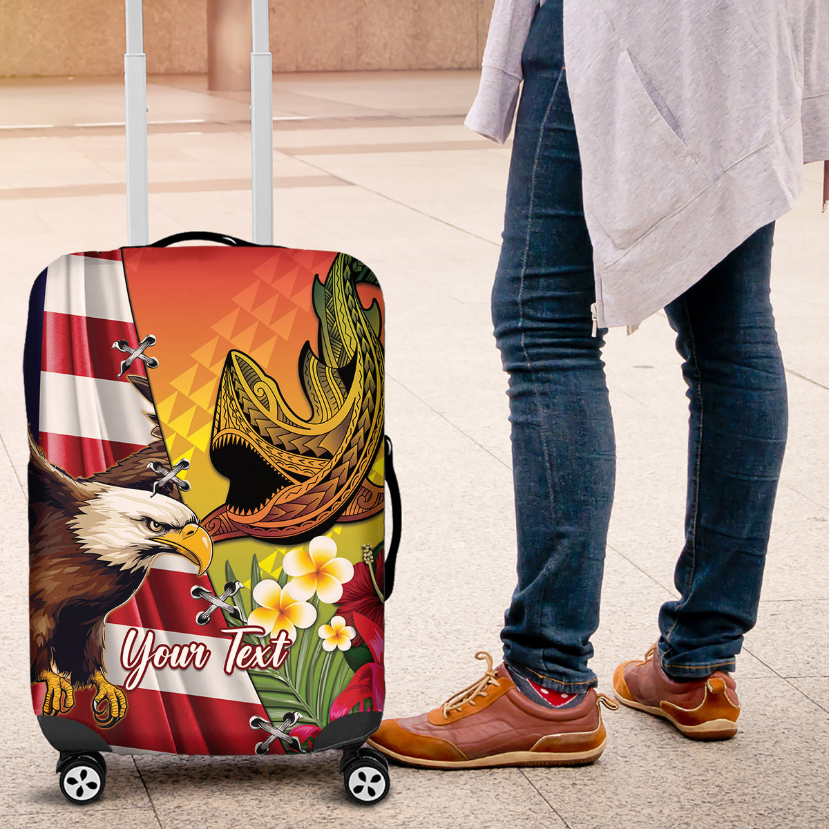 Personalised United States And Hawaii Luggage Cover USA Eagle With Hawaiian Shark Tattoo