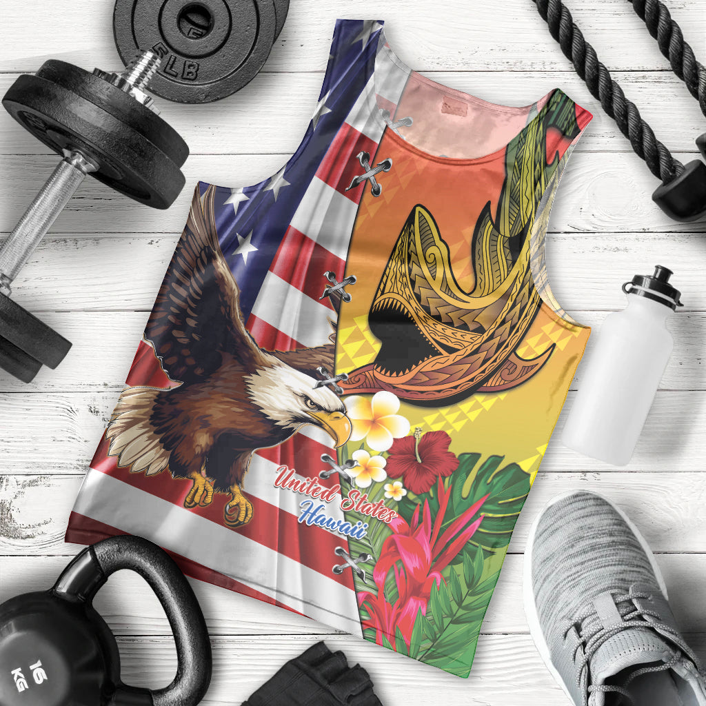 Personalised United States And Hawaii Men Tank Top USA Eagle With Hawaiian Shark Tattoo LT14 - Polynesian Pride