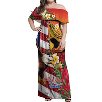 Personalised United States And Hawaii Off Shoulder Maxi Dress USA Eagle With Hawaiian Shark Tattoo LT14 Women Red - Polynesian Pride