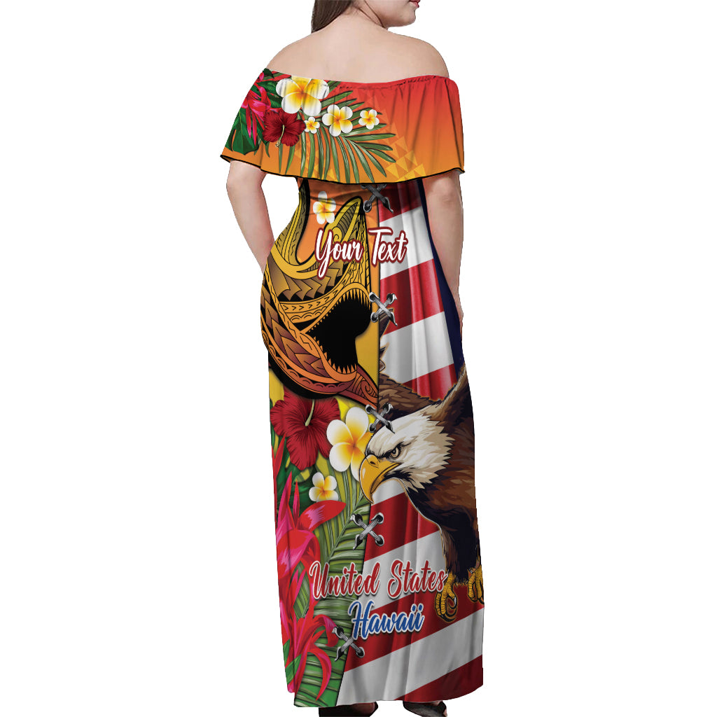 Personalised United States And Hawaii Off Shoulder Maxi Dress USA Eagle With Hawaiian Shark Tattoo LT14 - Polynesian Pride
