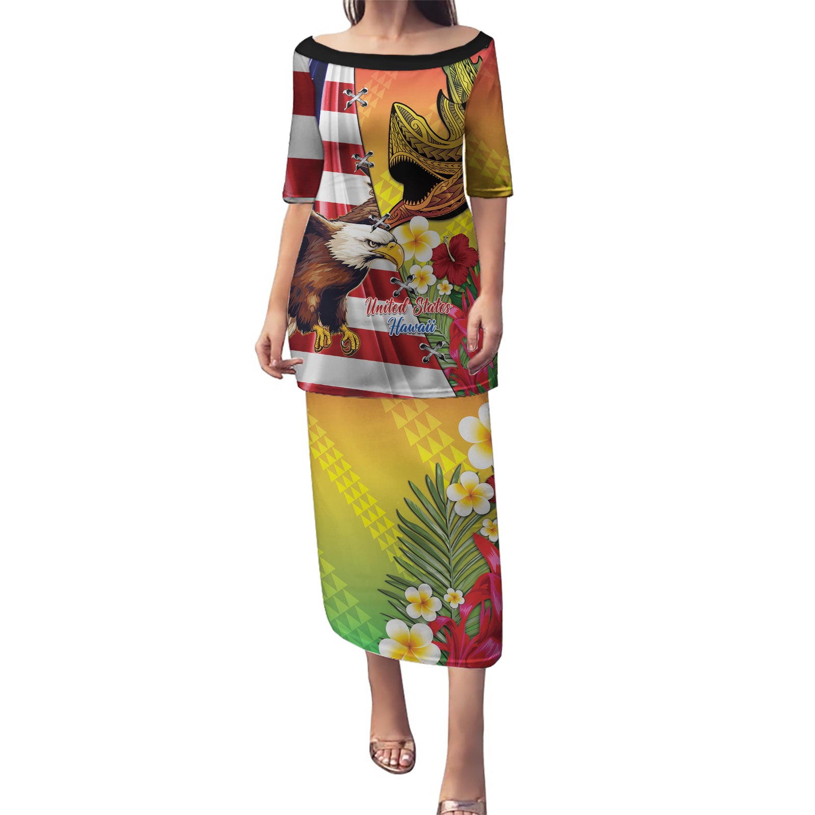 Personalised United States And Hawaii Puletasi USA Eagle With Hawaiian Shark Tattoo LT14 Long Dress Red - Polynesian Pride