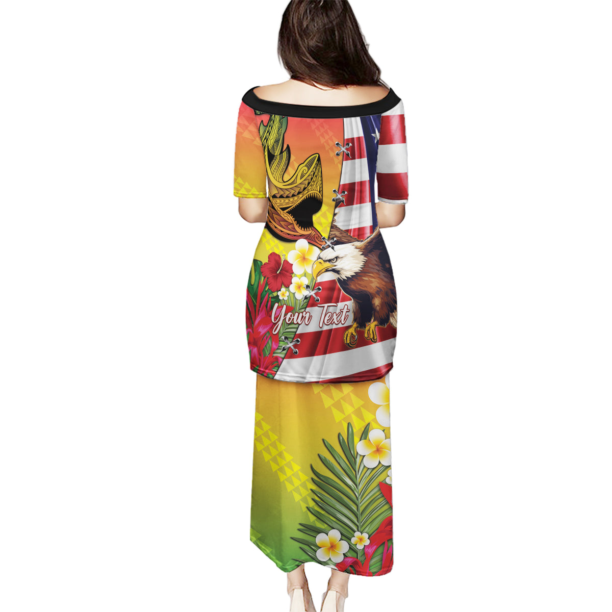 Personalised United States And Hawaii Puletasi USA Eagle With Hawaiian Shark Tattoo LT14 - Polynesian Pride