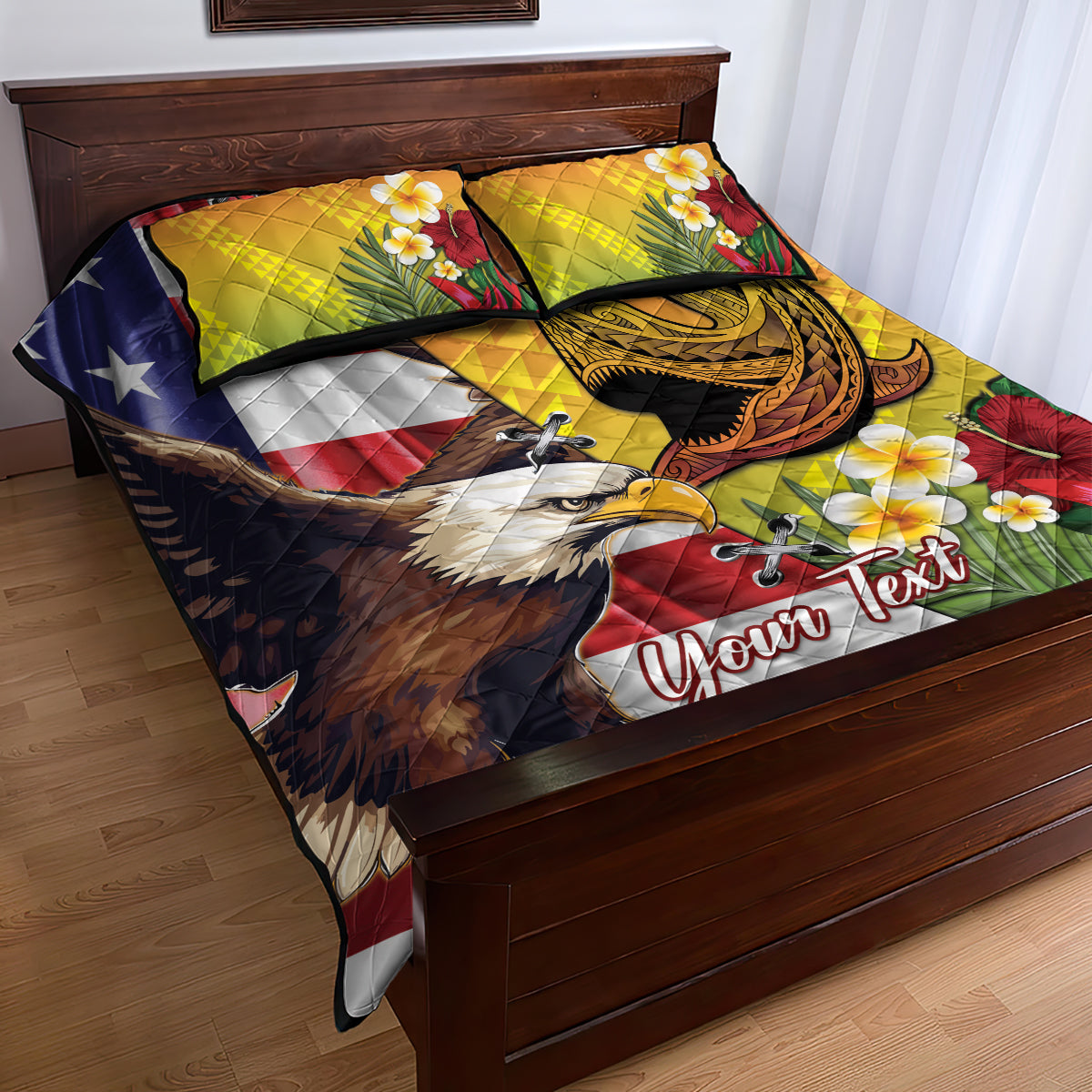 Personalised United States And Hawaii Quilt Bed Set USA Eagle With Hawaiian Shark Tattoo LT14 - Polynesian Pride
