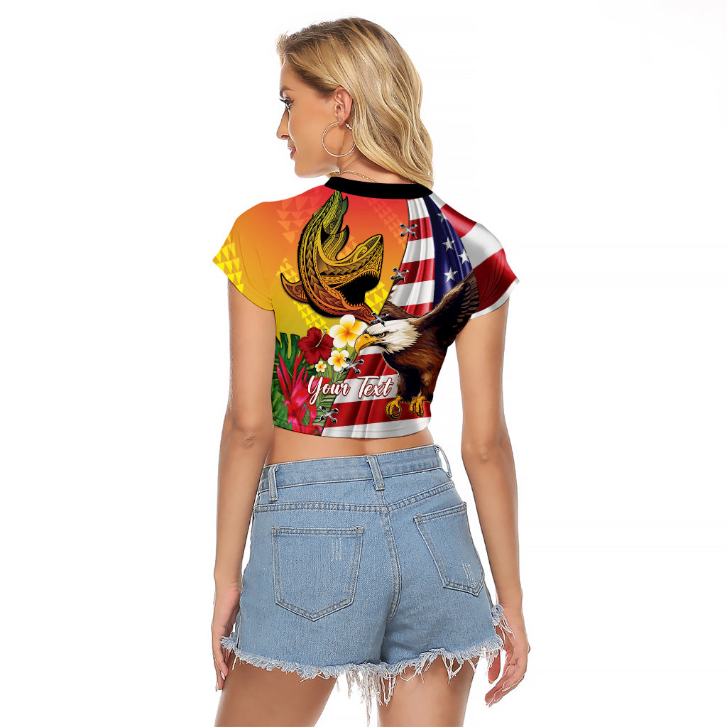 Personalised United States And Hawaii Raglan Cropped T Shirt USA Eagle With Hawaiian Shark Tattoo