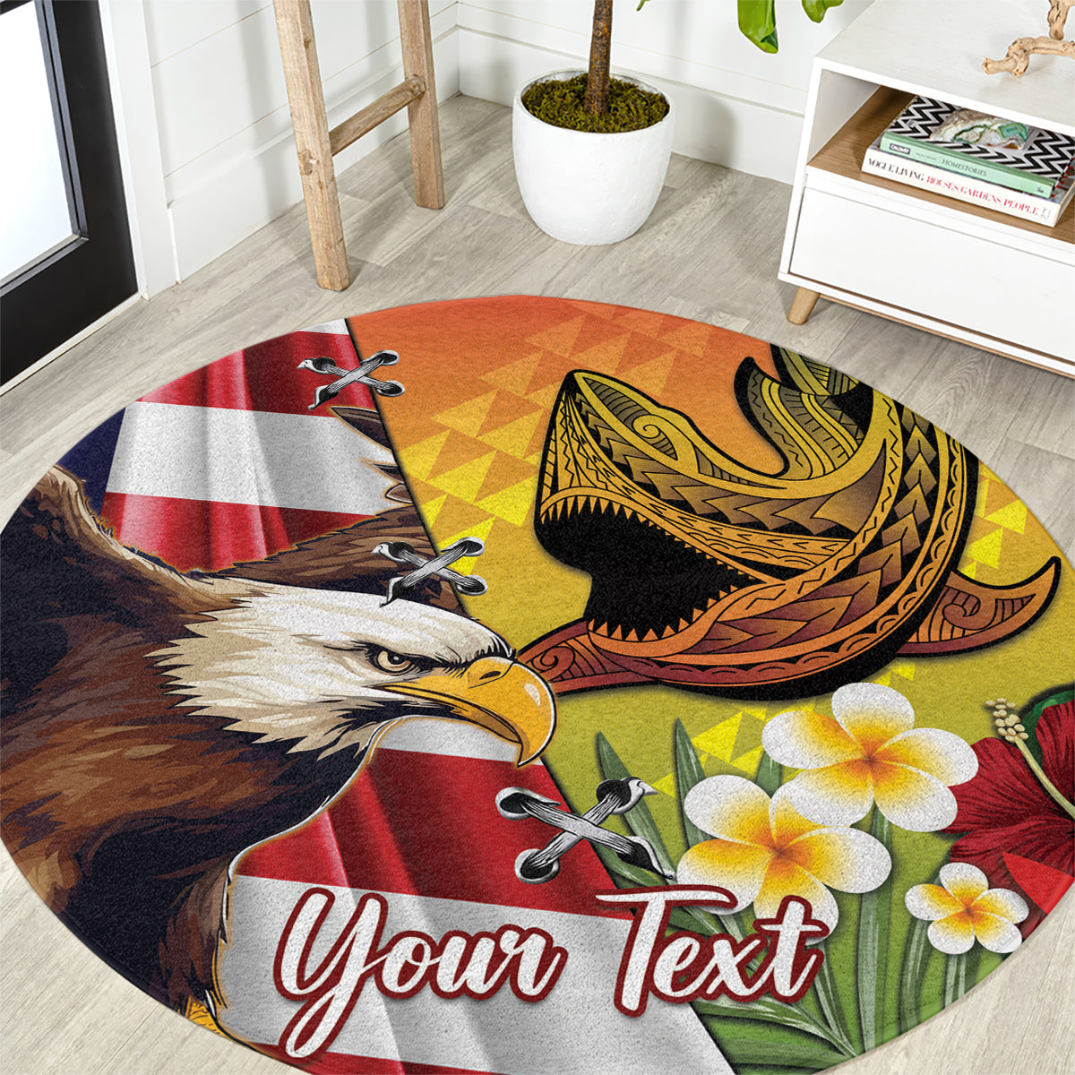 Personalised United States And Hawaii Round Carpet USA Eagle With Hawaiian Shark Tattoo