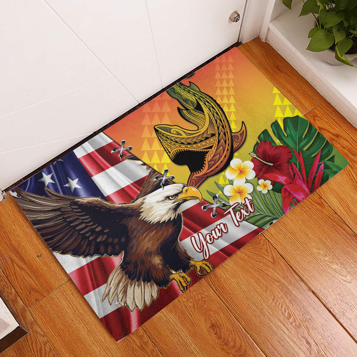 Personalised United States And Hawaii Rubber Doormat USA Eagle With Hawaiian Shark Tattoo LT14 Red - Polynesian Pride