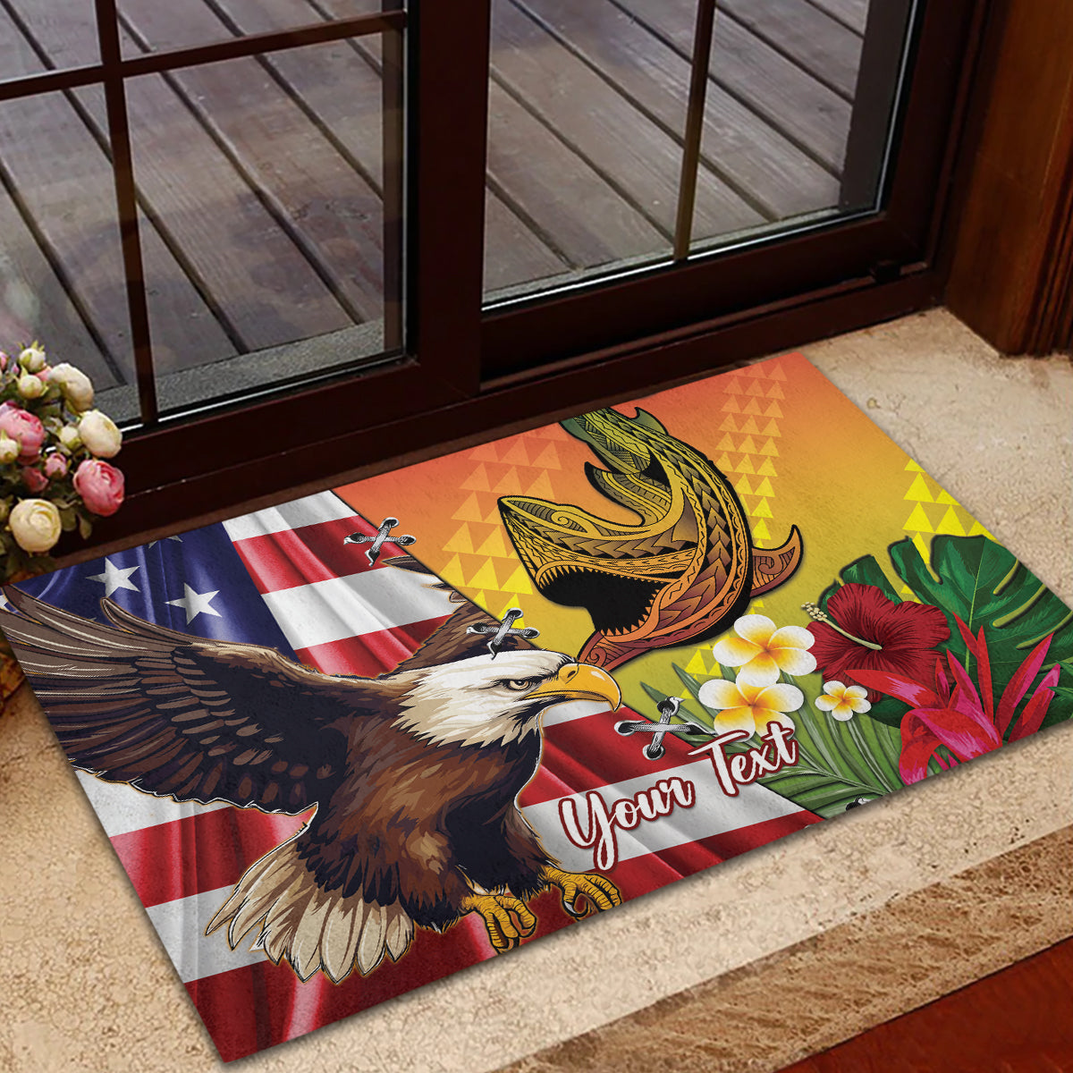 Personalised United States And Hawaii Rubber Doormat USA Eagle With Hawaiian Shark Tattoo
