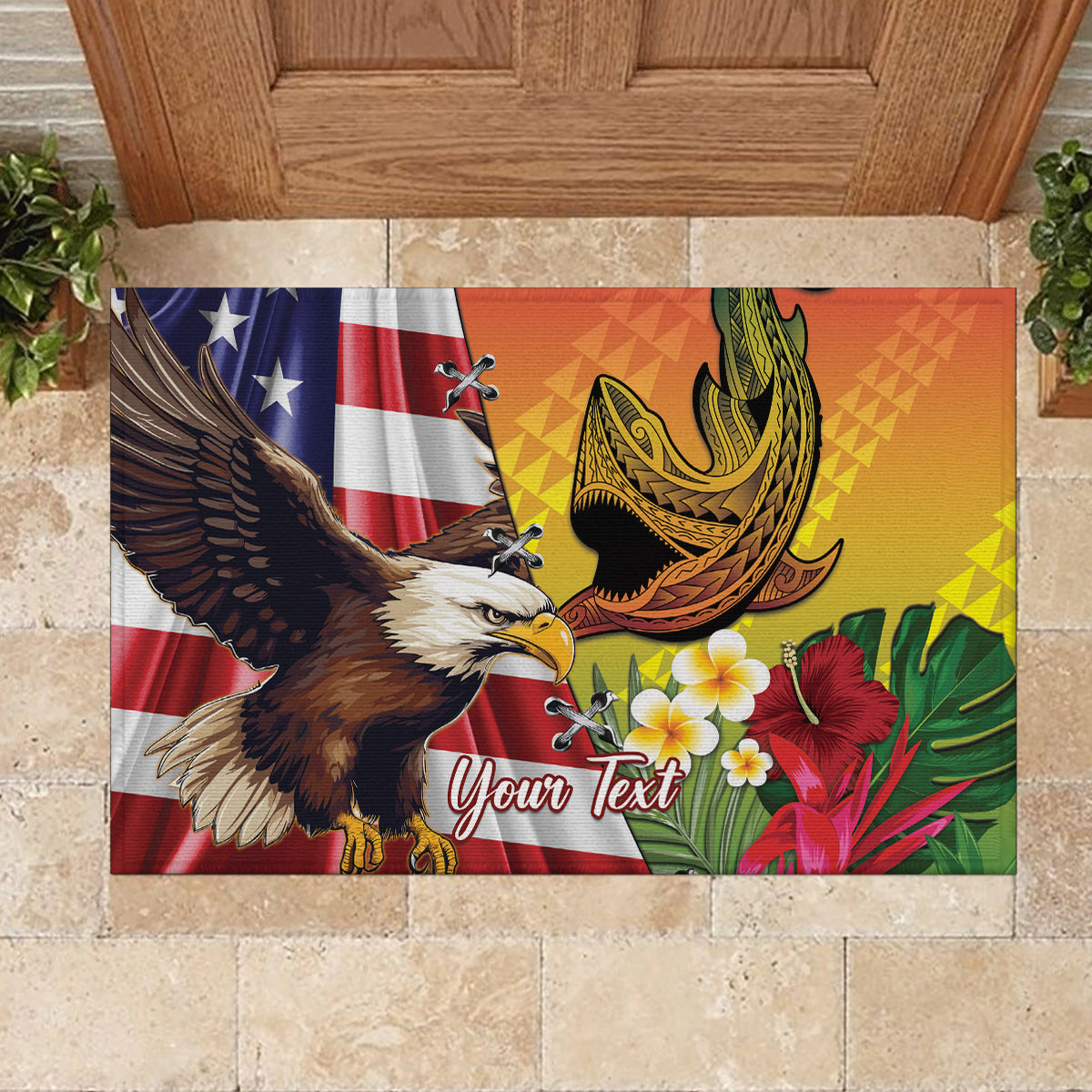 Personalised United States And Hawaii Rubber Doormat USA Eagle With Hawaiian Shark Tattoo